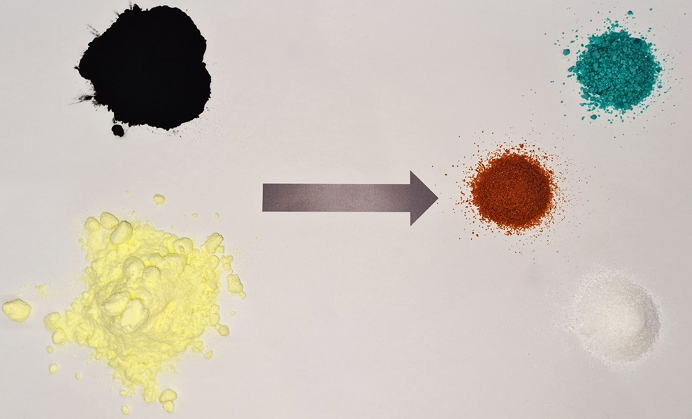 Black mass and sulfur (left) are used to produce valuable metals including nickel, manganese and cobalt (right).
