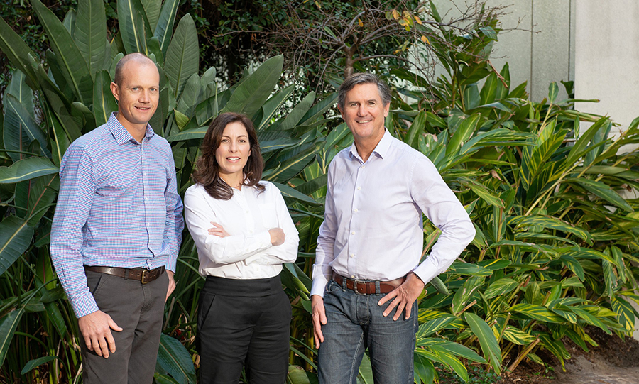 3 people standing in front of large leafy plant 3 people standing in front of large leafy plant