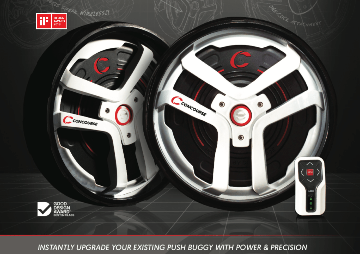 2 modern style alloy wheels with thin rubber tyres and disc shaped motors attached behind each hub. There is also a small handheld remote control. 2 modern style alloy wheels with thin rubber tyres and disc shaped motors attached behind each hub. There is also a small handheld remote control.