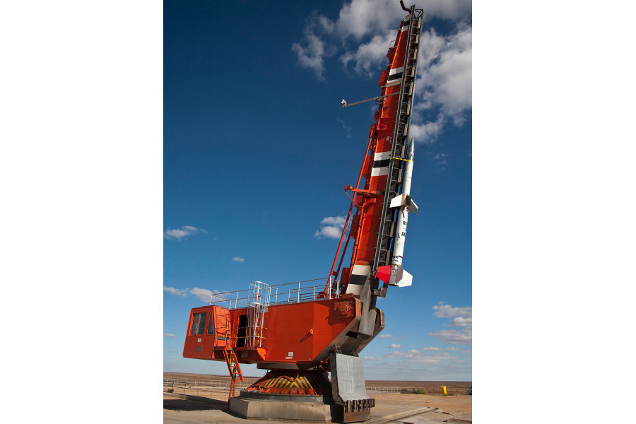 Test vehicle for the hypersonics trial (HIFIRE-0) on the launch pad at Woomera, South Australia. Test vehicle for the hypersonics trial (HIFIRE-0) on the launch pad at Woomera, South Australia.