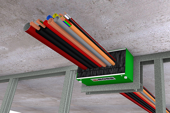 Electrical cables running through a box attached to the ceiling. Electrical cables running through a box attached to the ceiling.