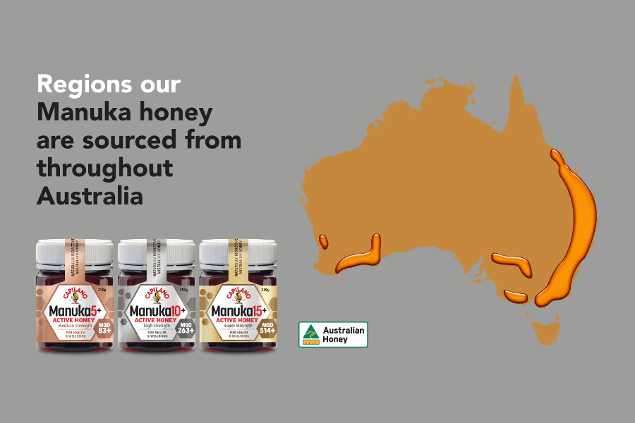 Map of Australia showing the source of Manuka honey – mostly on the east coast and south-west Western Australia. Map of Australia showing the source of Manuka honey – mostly on the east coast and south-west Western Australia.