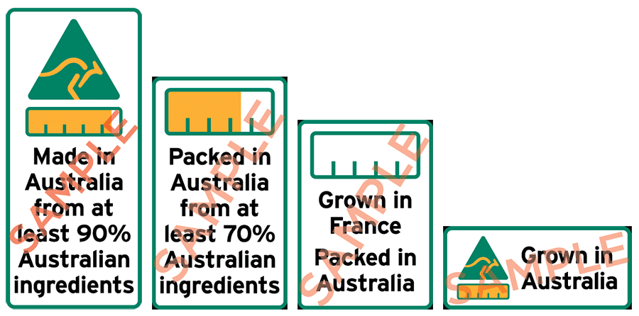 Four example standard mark labels. The first has the kangaroo logo, bar chart and text saying 'Made in Australia from at least 90% Australian ingredients'. The second has a bar chart and text saying 'Packed in Australia from at least 70% Australian ingredients'. The third has an empty bar chart and text saying 'Grown in France. Packed in France'. The fourth has a kangaroo logo, bar chart and text saying 'Grown in Australia'.