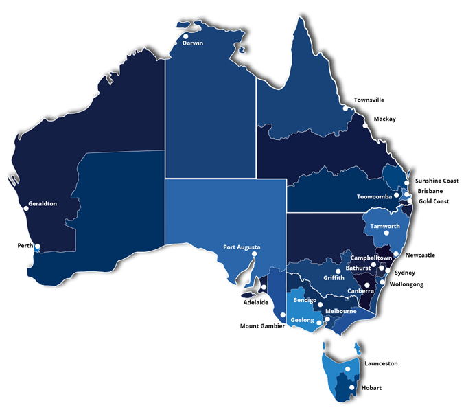 Map of Australia showing where the AusIndustry Regional Managers are